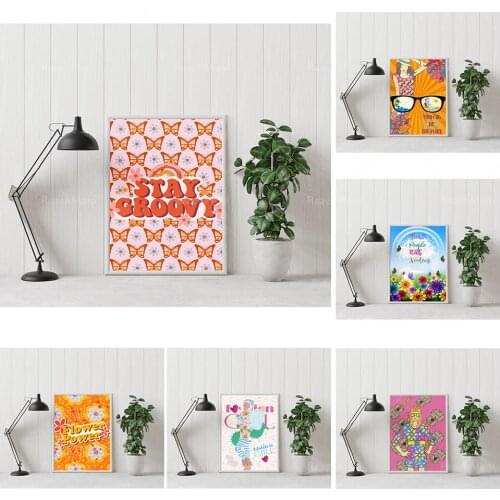 Retro feminist 70s poster art prints, Groovy posters, flower power art, rainbow monarch butterfly display wall decoration, unive