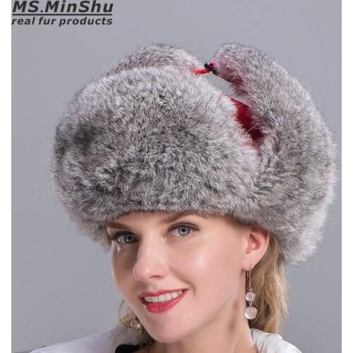 Russian Rabbit Fur Hat Skiing CapNatural Rabbit Fur Trapper Hat Winter Warm Earflap Hat Genuine Rabbit Fur Bomber Hat MS.MinShu