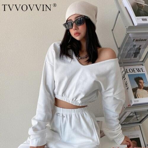 TVVOVVIN Simple V-neck Sexy Strapless Short Top Elastic Waist Loose Thin Solid Color Sweatshirt Womens 41LX