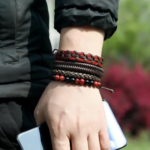 Vintage Multilayer Handmade Mens Leather Bracelets Set Punk Braided Beads Charms Wrap Wristband Jewelry on Hand