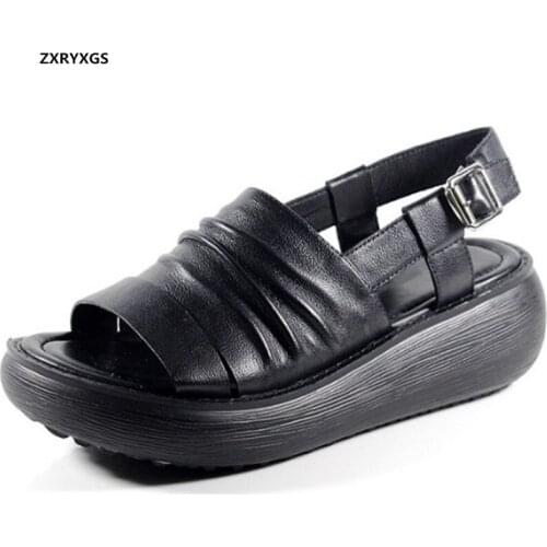 2020 New Fish Mouth Summer Shoes Top Cowhide Folds Summer Leather Sandals Platform Wedges Sandals Comfort Elegant Women Sandals