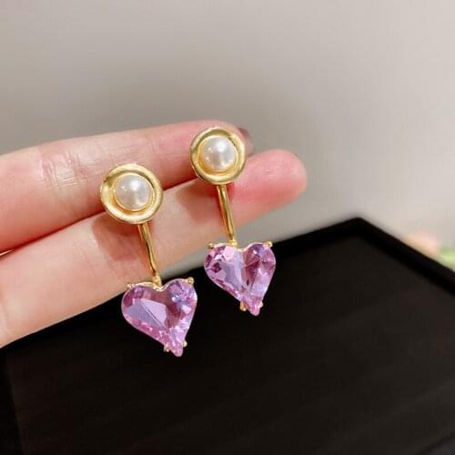 2021 Korean Cute Purple Crystal Heart Earrings For Women Girls Back Hanging Pearl Stud Earring Pendientes Party Jewelry Gifts