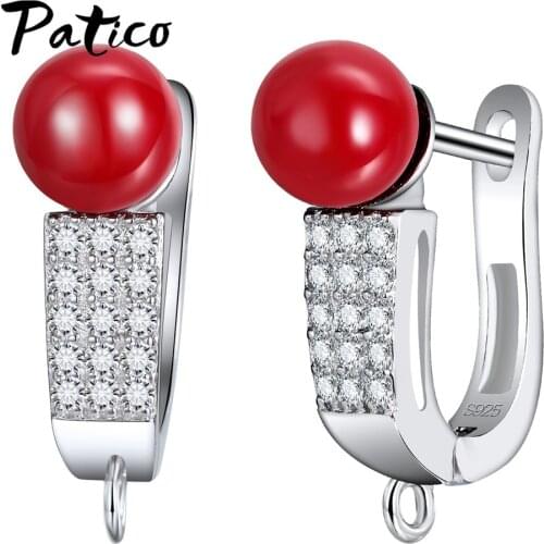 U-Shape Full CZ Crystal Earrings Accessories Fashion 925 Sterling Silver Red Pearl Beads Jewelry Finding For Women Gifts