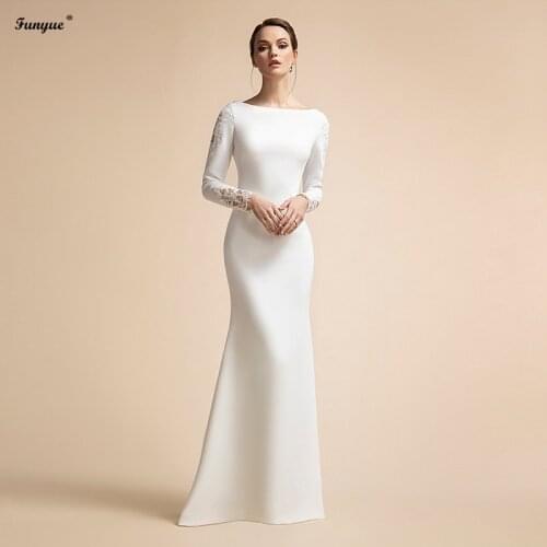 Elegant Simple Mermaid Wedding Dresses Long Sleeves Ivory Muslim Bridal Gowns for Bride Satin Lace Vestidos De Novia 2021