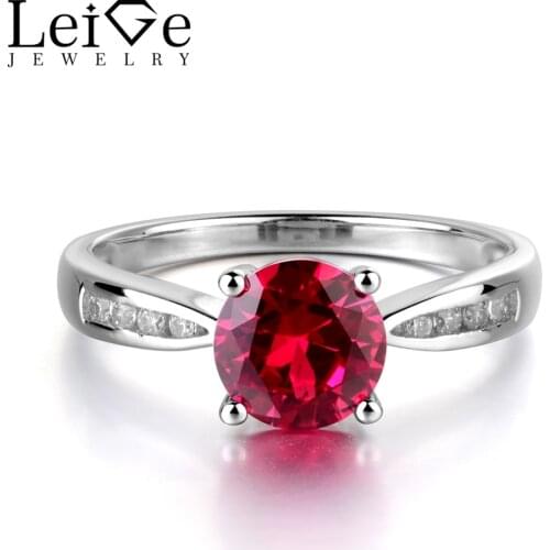 Leige Jewelry Ruby Engagement Ring for Women 925 Sterling Silver Wedding Rings Round Gemstone Fine Jewelry July Birthstone