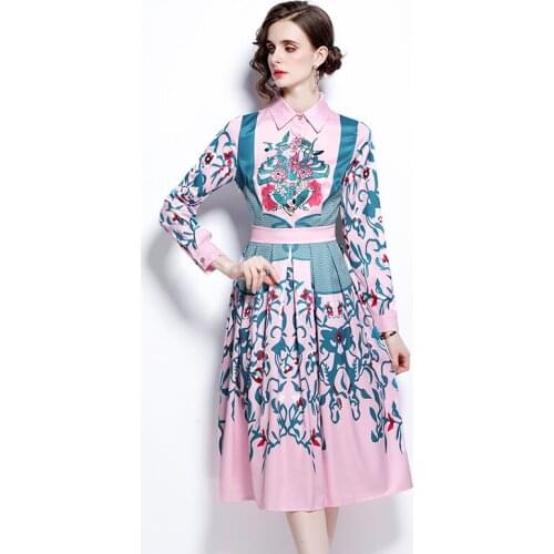 New Fashion Womens Full Sleeve Shirt Collar Print Vintage Midi Spring Autumn Dresses Elegant Designer Holiday Female Vestidos
