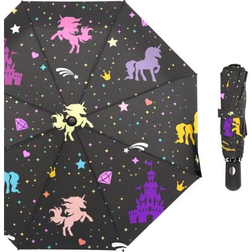 Colorful Cartoon Print Rain Umbrella Black Automatic Three Folding Umbrella Male Womens Umbrella Compact Lightweight 8 Ribs