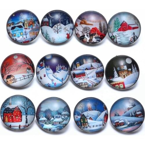 12pcs/lot Snow Village Theme Glass Charms 18mm Snap Button Jewelry For 20mm Snaps Bracelet Snap Jewelry KZ0703
