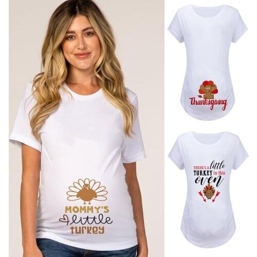 2021 Thanksgiving Announcement Maternity T-Shirt Mommys Little Turkey T Shirts Pregnancy Tees Graphic Mom Short Sleeve Clothes