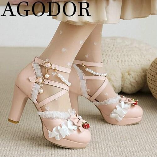 AGODOR 2021 Platform High Heels Lolita Pumps Block Heel Princess Cute Pumps Criss Cross Ankle Strap Women Pumps Shoes Wedding