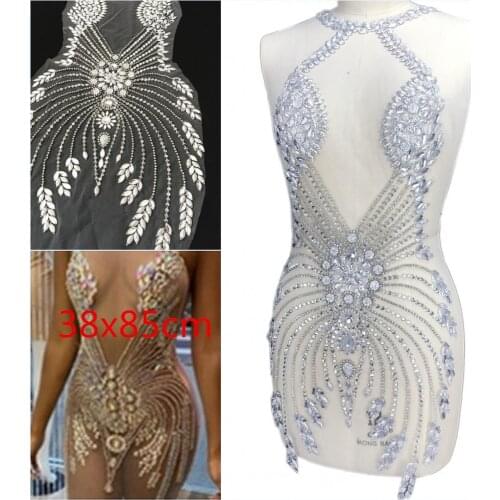 HAUT Handmade Beaded White 38x85cm Sew on Clothes Costumes Rhinestones Patches Appliques Diy For Wedding Dance Dress Prom Gown