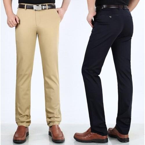 Spring Summer Ice Silk Cotton Leisure Straight Slim High stretch pants Thin Men Business Casual Pants middle-aged mens trousers