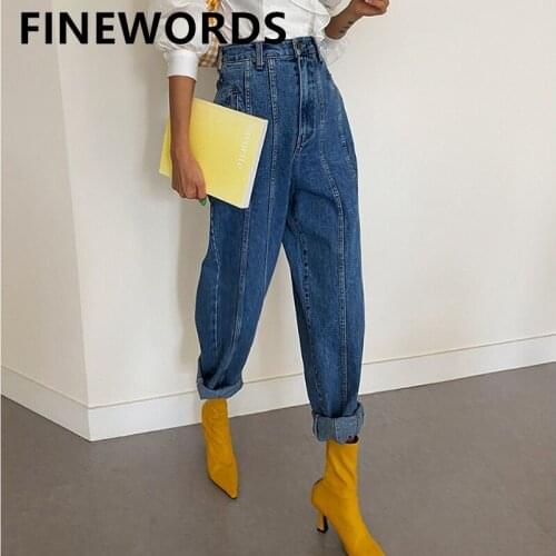 FINEWORDS Classic Blue Harem Boyfriend Jeans For Women High Waist Loose Mom Jeans Streetwear Plus Size Retro Korean Denim Pants