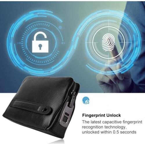 Fipilock FL-V1 Men Zipper Leather Wallet Smart Fingerprint Security Anti-Theft Handbag with fingerprint lock Black