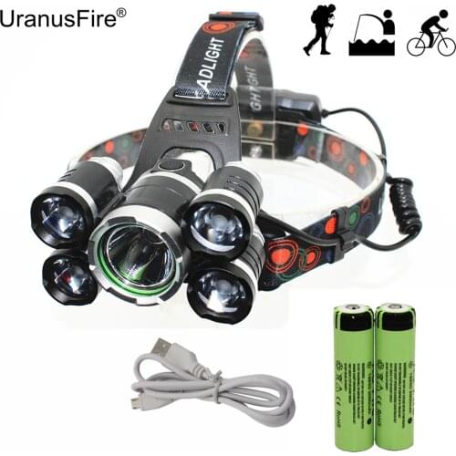 Headlamp 5 LED Headlight T6/Q5 LED Lanterna USB Rechargeable Head Lamp Hunting Light Flashlight + 18650 Battery + USB Charger