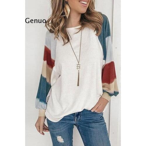 Gradient Print Streetwear Clothing Women Spring Autumn Loose Lantern Long Sleeve O Neck T Shirt Casual Pullover Tee Shirt Femme