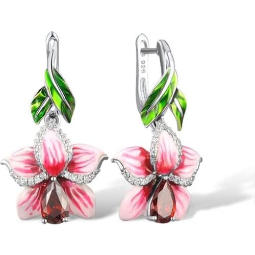 Exquisite Peach Blossom Leaf Dangle Drops Hook Silver Plated Earrings for Women Wedding Engagement Party Earrings