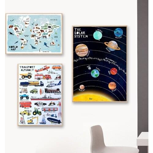 Transport Abc Planets Animal World Map Picture Children Poster Nursery Wall Art Canvas Print Painting Baby Kids Bedroom Decor
