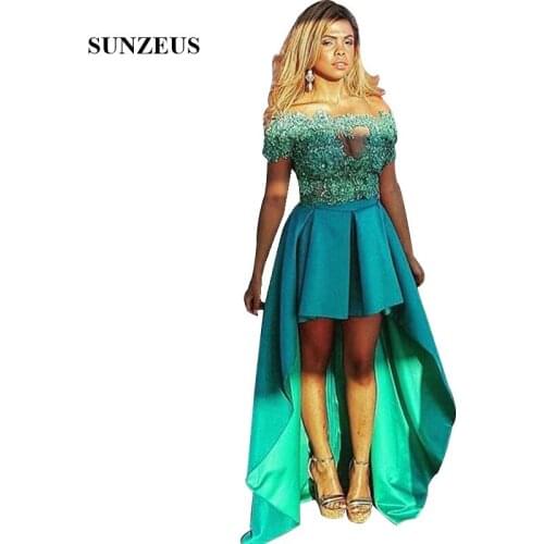 Short Front Long Back Prom Dresses High Low Satin Party Gowns Illusion Neck Appliques Green Formal Women Dress