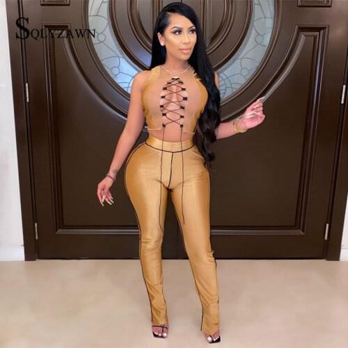 Women Sexy Nesh Transparent Two Pieces Set Fitness Slim Tracksuit Long Sleeve Lace Up Crop Top+ Flare Pants Sportswear Outfits