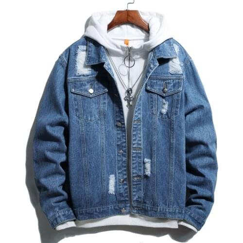 Men Autumn Winter New Oversized Denim Jacket Retro Blue Loose Button Ripped Hole Personality Streetwear Fashion jeans Jacket