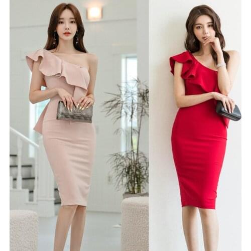 Summer Dresses Pink Red Bandage Bodycon One Shoulder Ruffles Womens Dress Vintage Elegant Korean Clothes Sexy Party Sundress