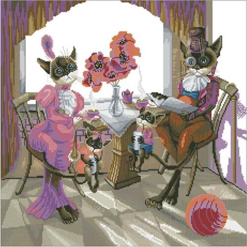 11/14/16/18/22/25/28CT choose color Cat couple family breakfast cartoon Counted Cross Stitch Cross Stitch Kits Embroidery