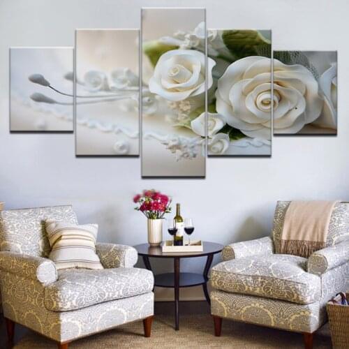 Wall Art Canvas HD Prints Pictures Modular Posters Framework 5 Pieces White Roses Flowers Paintings For Living Room Home Decor