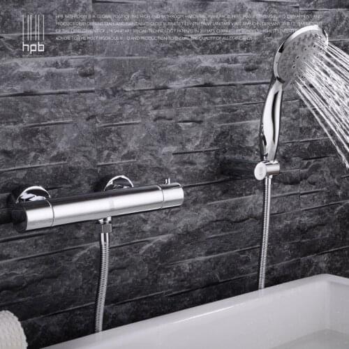 Wall Mount 38D Thermostatic Bathroom Shower Faucet Mixer Taps Dual Handle with ABS Hand Held Shower System Chrome Finish