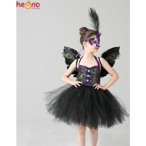 Sequin Peacock Feather Girls Tutu Dress Knee Length Kids Carnival Party Purim Vestidos Clothing Girls Dresses with Mask and Wing
