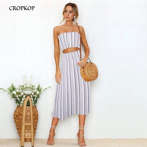Striped Print High Waist Midi Skirt Women Two Piece Set Summer Sexy Backless Sleeveless Crop Top Female Suit Casual Streetwear