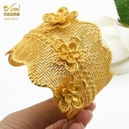 24k Gold Color Luxury Dubai Wide Bangle Bracelet for Women Flower African Indian Jewelry Nigerian Bridal Wedding Party Gifts
