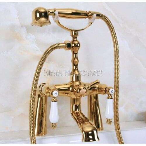 Golden Brass Clawfoot Bathroom Handheld Shower Faucet Set Bathtub Mixer lna141