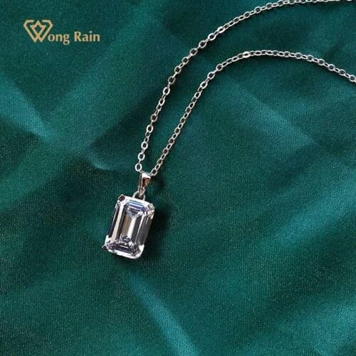 Wong Rain 925 Sterling Silver Emerald Cut Created Moissanite Gemstone Wedding 8*12MM Pendent Necklace Fine Jewelry Wholesale