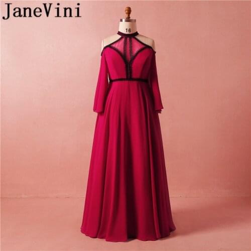 JaneVini Vintage Mother of the Bride Dresses A-Line Pleats High Neck Chiffon Long Sleeves Lace Evening Dresses For Weddings 2018