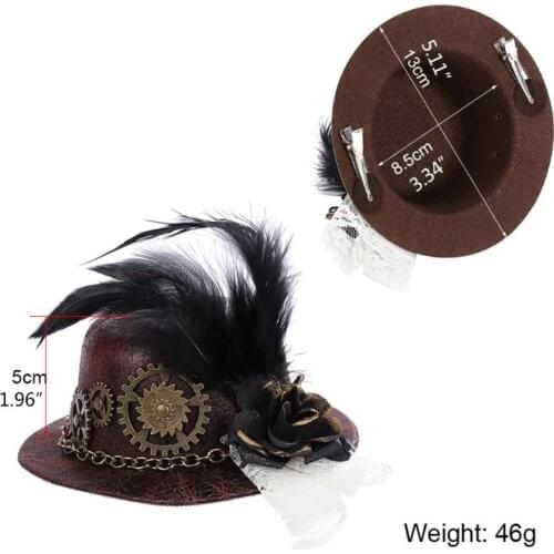 Women Halloween Gothic Mini Top Hat Steampunk Gears Chain Feather Flower Fascinator Hair Clip Victorian Cosplay Costume