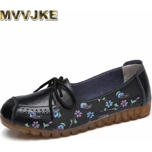 MVVJKE 2018 Printing Flower Spring Shoes Woman Lace-Up Women Flats Genuine Cow Leather Female Loafers Moccasins Ladies Shoe