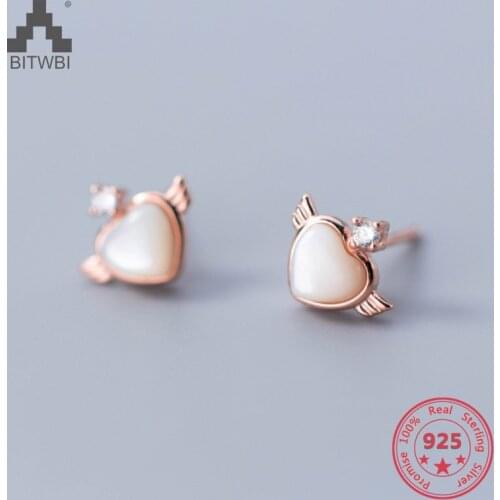 925 Sterling Silver Cute Simple Opal Heart Angel Wings Personality Luxury Stud Earrings For Women