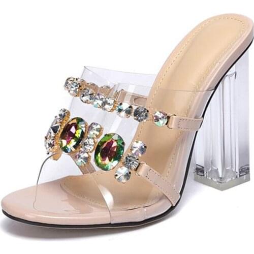2021 Summer Fashion Crystal Diamond Slides Clear PVC Transparent Slippers Women Shoes Peep Toe High Heels Mules Dress Pumps