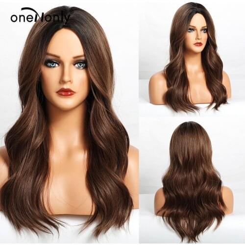 OneNonly Long Natural Wave Ombre Black Dark Brown Synthetic Wigs Middle Part for Women Cosplay Natural Wig Heat Resistant