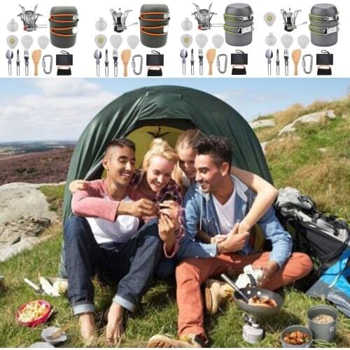 11pcs Camping Cookware Mess Kit with Pot Stove Carry Bag Knife Fork Spoon Carabiner Durable 1-2 People for Otdoor Picnic BBQ