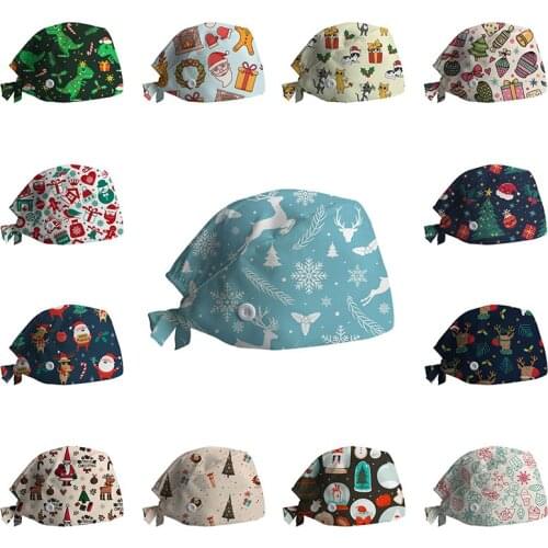 2020 Scrub Cotton Nurse Hat Floral Bouffant Sanitary Cap with Sweatband Cartoon Printing Nursing Confortable Hat Christmas Hat