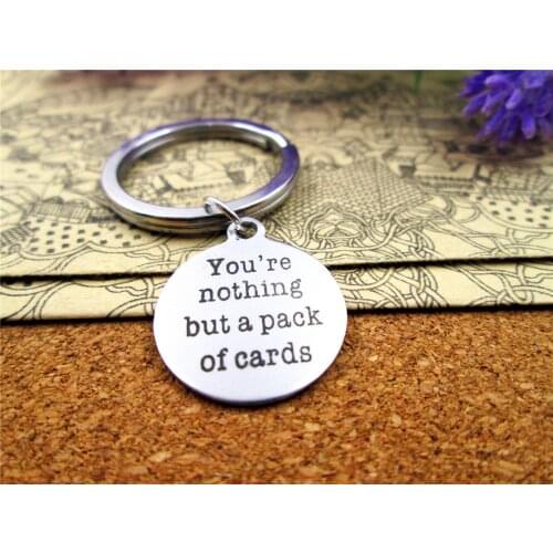 3pcs/lot 28mm stainless steel keyring with 20mm stainless steel circle round "you're nothing but a pack of cards"charms keyring