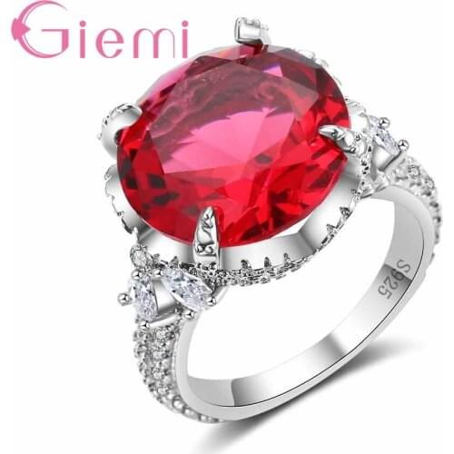925 Sterling Silver Luxurious Exquisite Red Round Austrian Crystal Stone Ring Proposal Party Jewelry and Cubic Zirconia