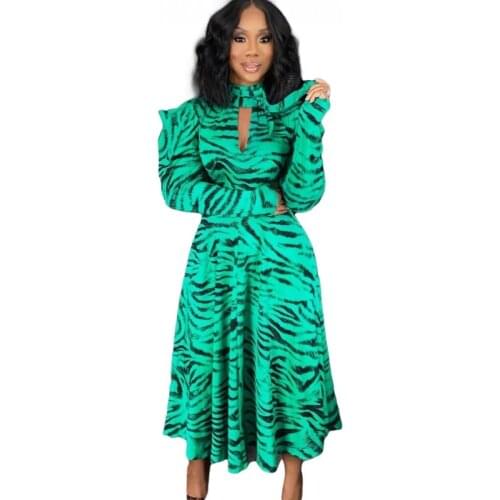 African Dresses For Women Puff Sleeve Stand Collar Hollow Robe Autumn Leopard Print Casual African Clothing Office Lady Dress