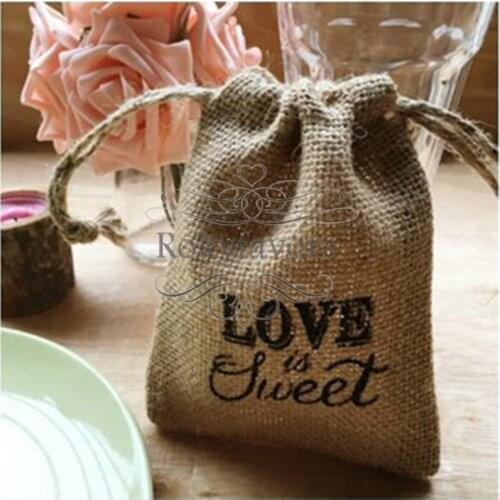 FREE SHIPPING 50pcs "Love Is Sweet" Printed Burlap Bags Wedding Return Favor Gifts Engagement Party Burlap Sweet Package