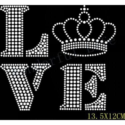 Free Shipping hotfix rhinestones love with crown design Heat transfer design iron on motifs DIY motif