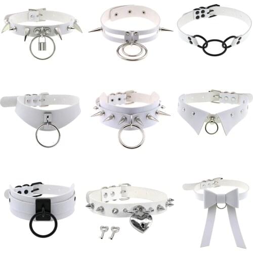 White Faux Leather Chokers Necklaces For Women Punk Neck Jewelry Geometric Round Lock Spike Rivet Choker Chockers Collares