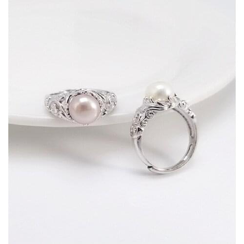 New S925 Sterling Silver Ring Female Natural Freshwater Pearl Trendy Retro Open Ring Jewelry