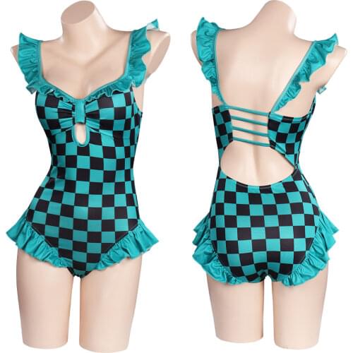 Anime Demon Slayer Cosplay Kamado Tanjirou Push Up Monokini Ruffle Bathing Suit Outfits Green Swimsuit Jumpsuit